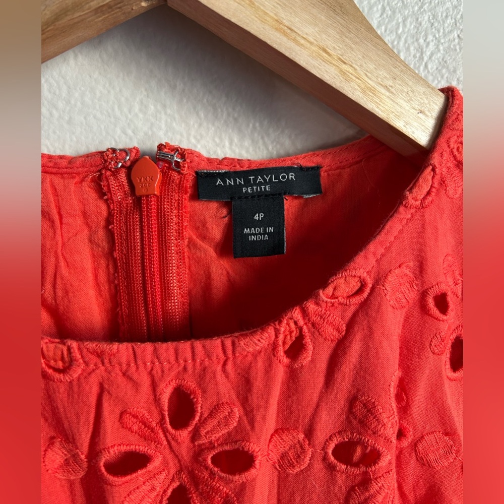 ANN TAYLOR $189 Eyelet Midi Flare Dress In Red Ripe Persimmon Size 4P - Picture 6 of 8